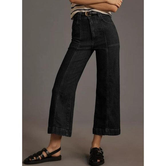 Women's High Waisted Wide Leg Cropped Denim Jeans Black Size 8 - Picture 3 of 6